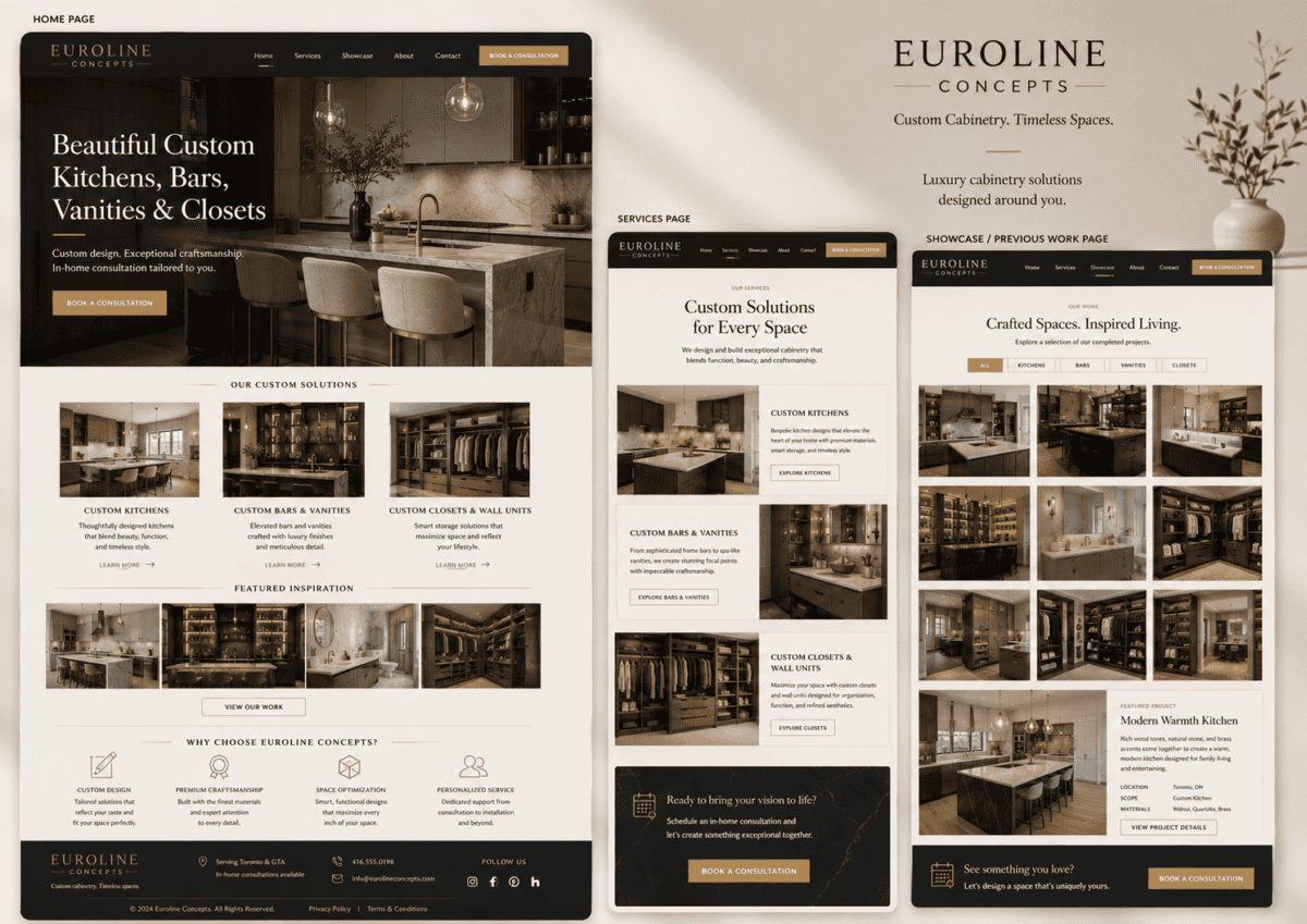 FultonStudio website and branding case study for Euroline Concepts, creating a high-end digital presence for custom cabinetry, luxury kitchens, bars, vanities, closets, and refined residential interiors.
