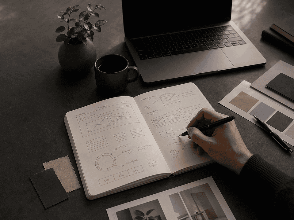 Minimal brand strategy workspace with a laptop, open notebook, color palette samples, printed design materials, coffee cup, and plant on a dark desk in natural light.