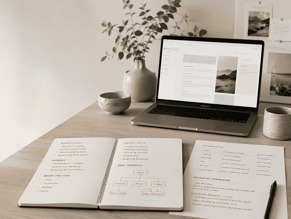 Content and SEO planning workspace with a laptop, notebook, keyword plan, messaging framework, page hierarchy notes, and business direction documents on a clean desk.