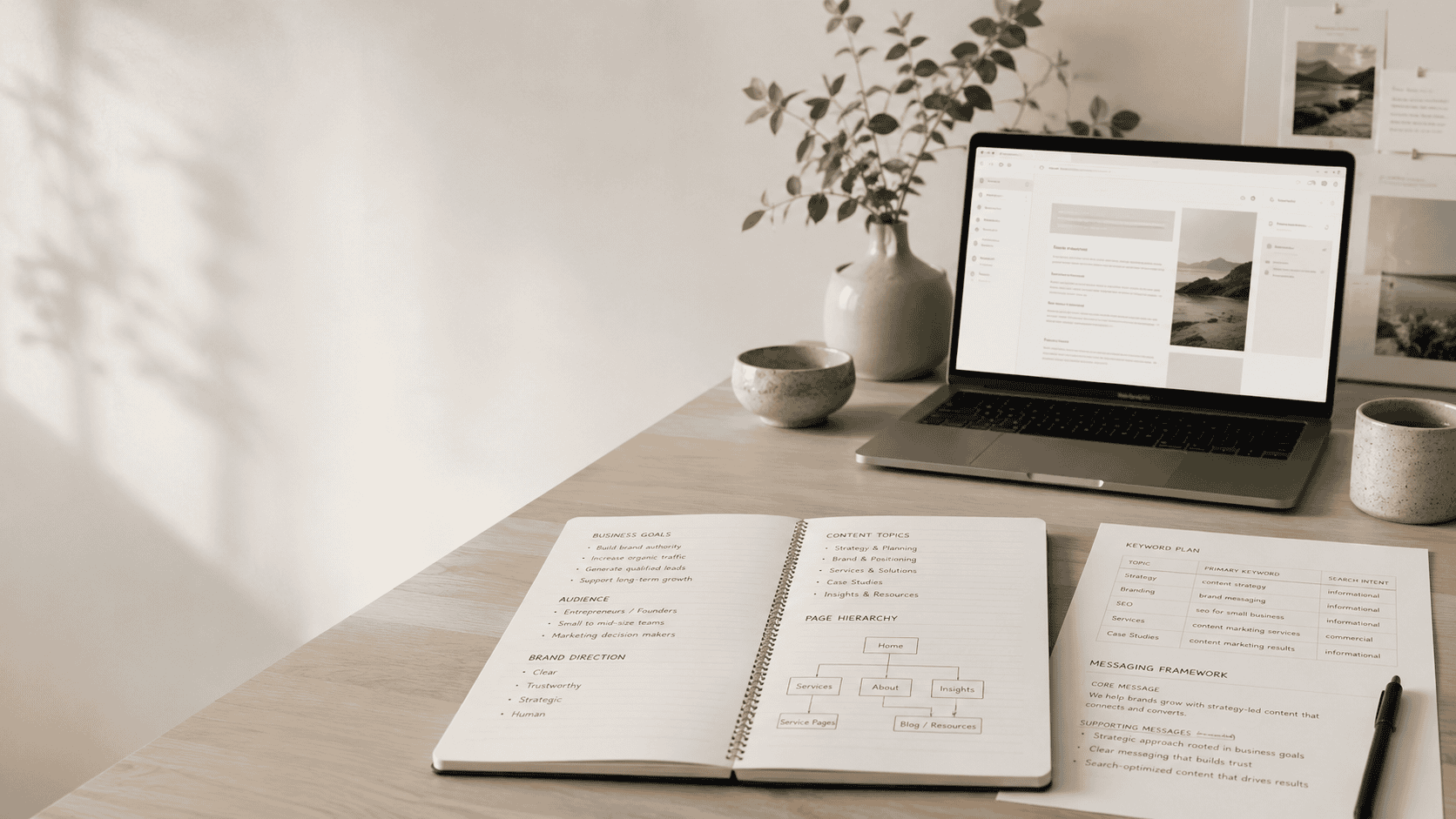Content and SEO planning workspace with a laptop, notebook, keyword plan, messaging framework, page hierarchy notes, and business direction documents on a clean desk.