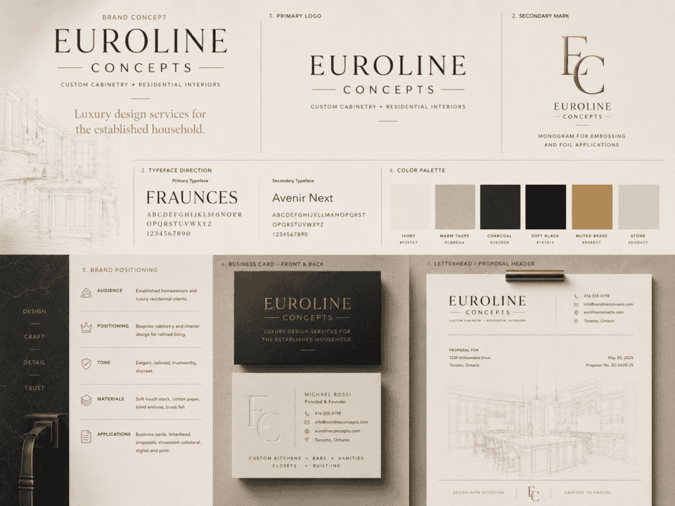 Euroline Concepts rebrand concept showing luxury logo design, color palette, business card, letterhead, and cabinetry brand positioning.