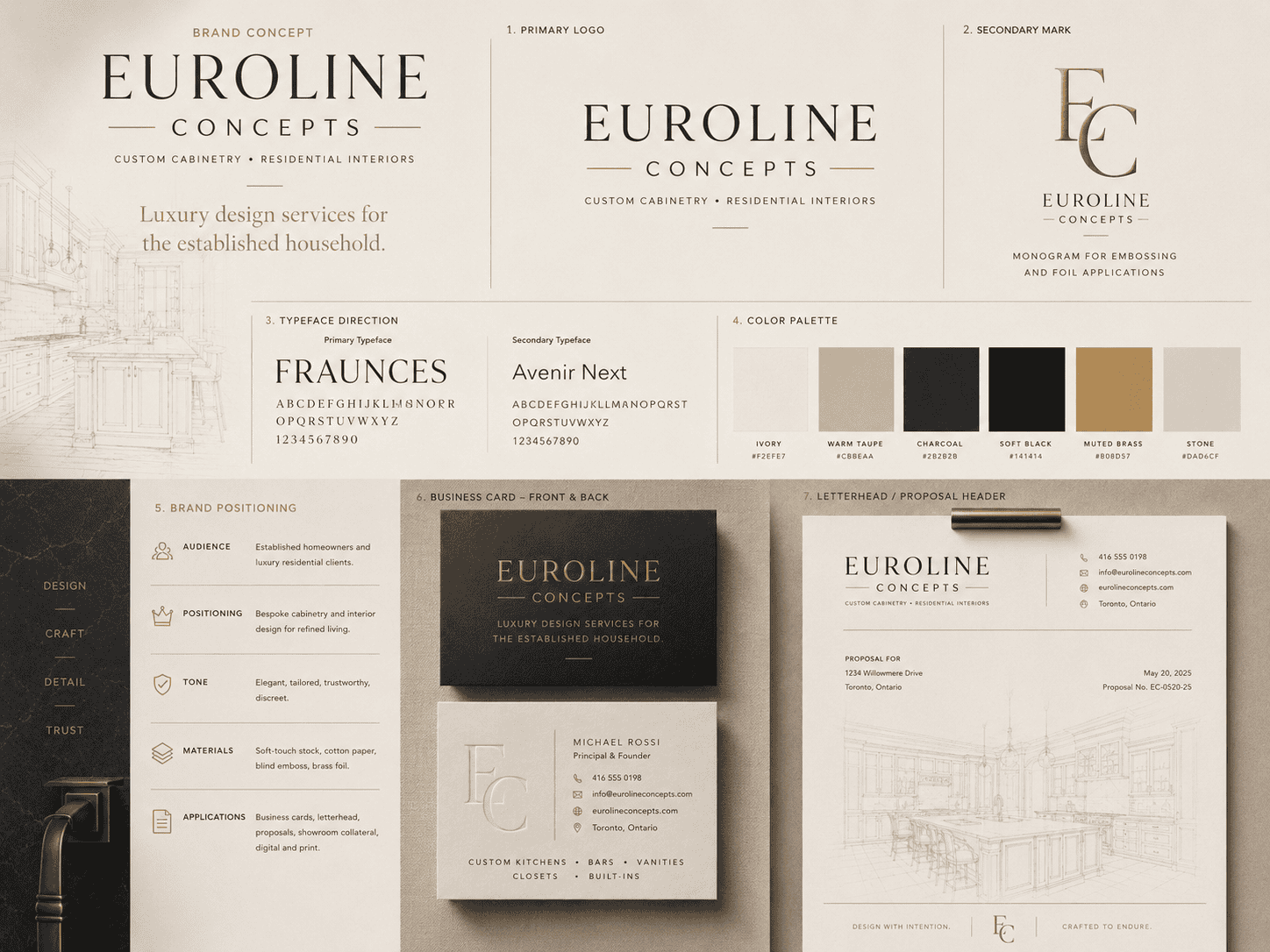 Euroline Concepts rebrand concept showing luxury logo design, color palette, business card, letterhead, and cabinetry brand positioning.