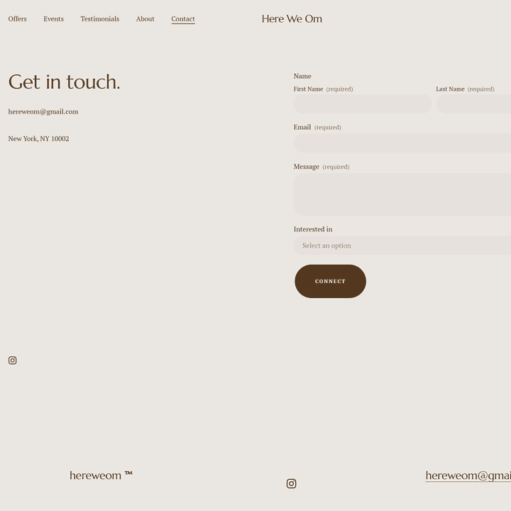 Original Here We Om contact page with a minimal layout and basic inquiry form.