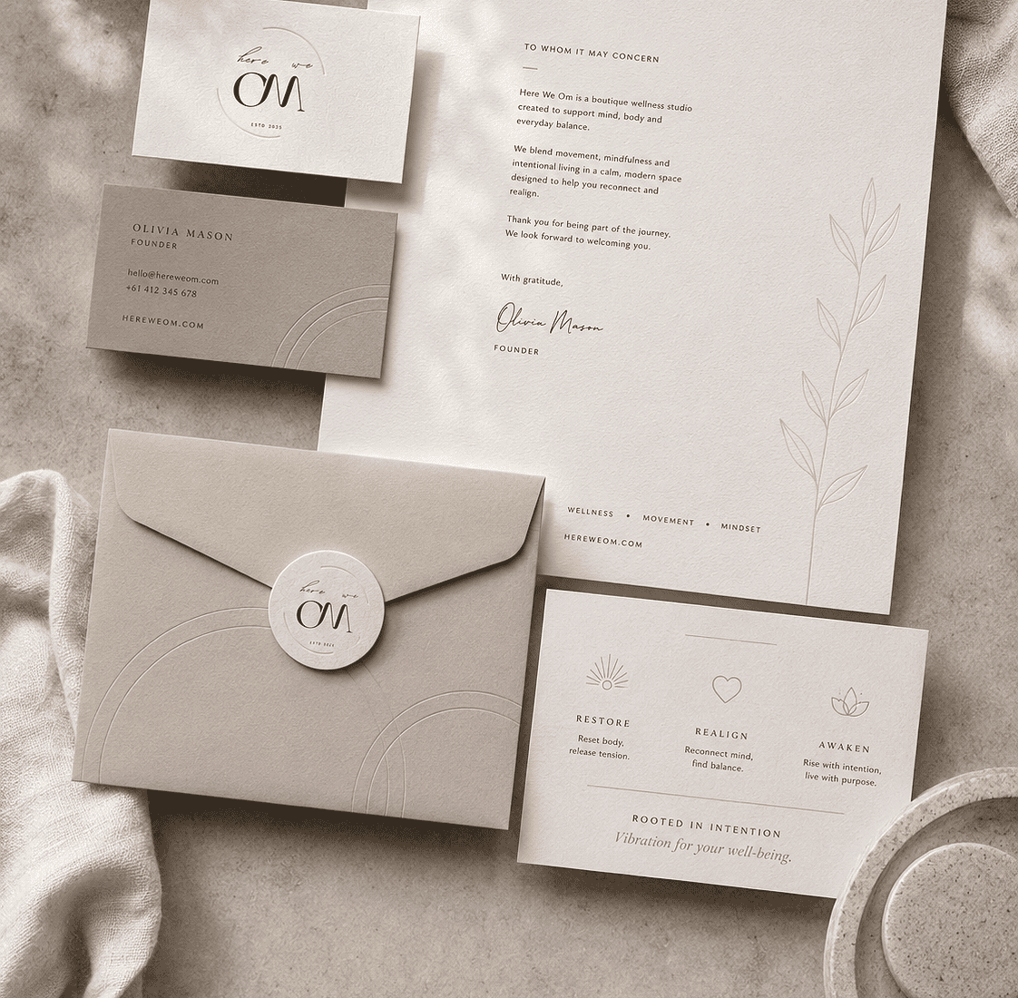 Here We Om wellness brand identity flat lay with logo card, letterhead, envelope, service card, and soft neutral stationery design.