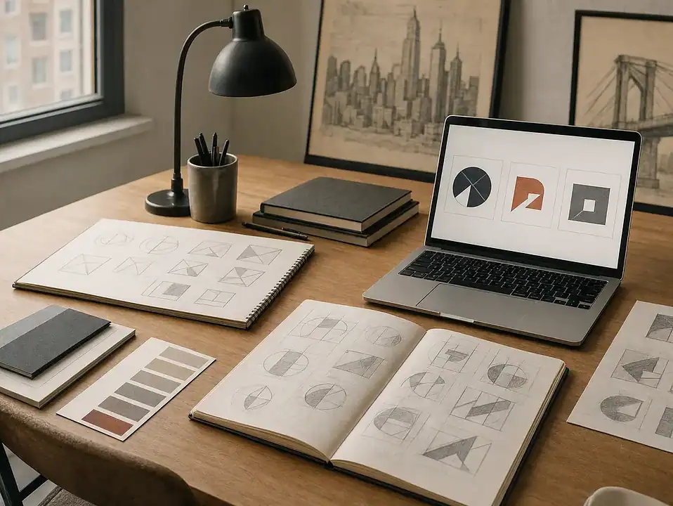Creative graphic design workspace with sketches, color palettes, and digital tools at FultonStudio.