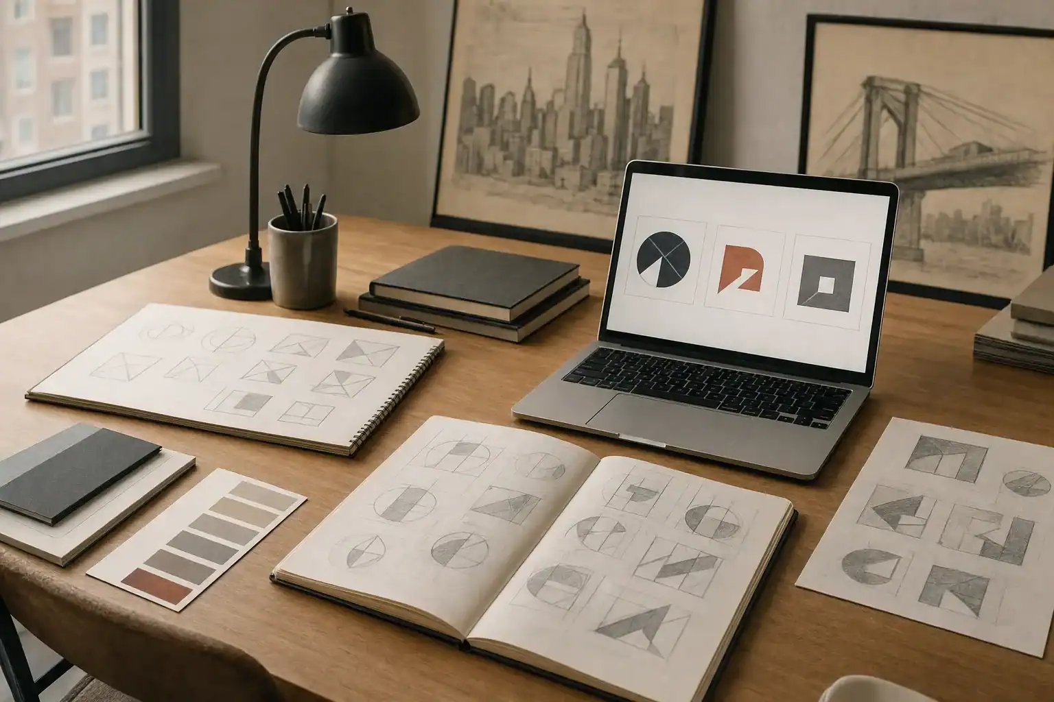 Creative graphic design workspace with sketches, color palettes, and digital tools at FultonStudio.