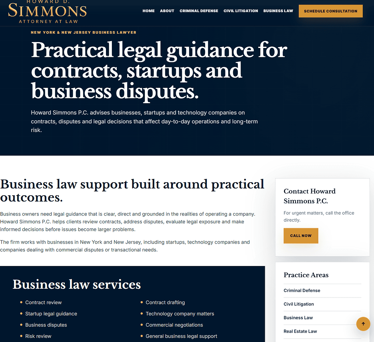 After screenshot of the Howard Simmons Law business law service page with sidebar navigation