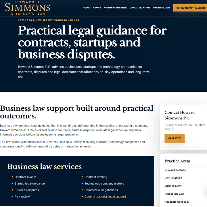 Howard Simmons Law business law service page after FultonStudio rebuild