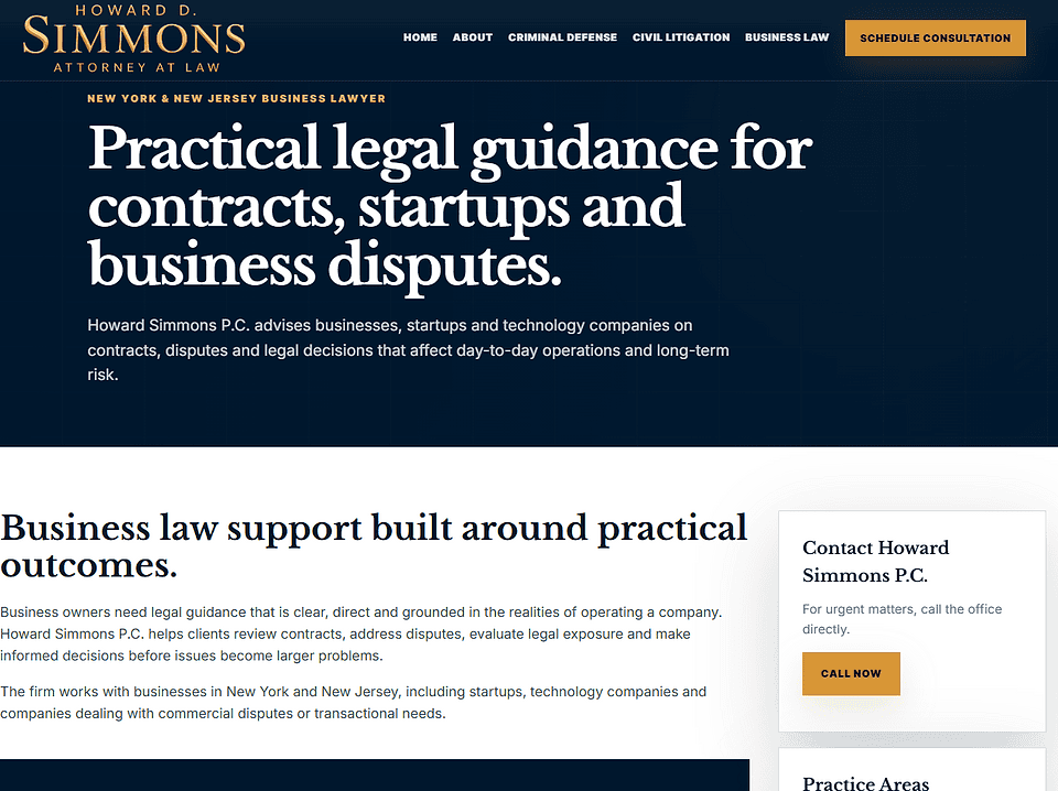 After screenshot of the Howard Simmons Law business law service page with sidebar navigation