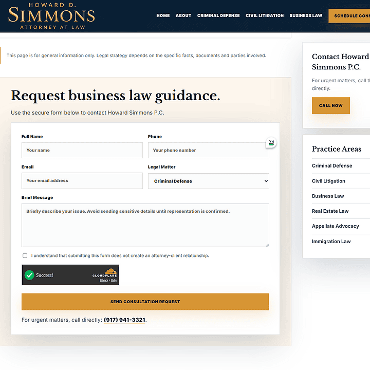 Howard Simmons Law protected consultation form after FultonStudio rebuild