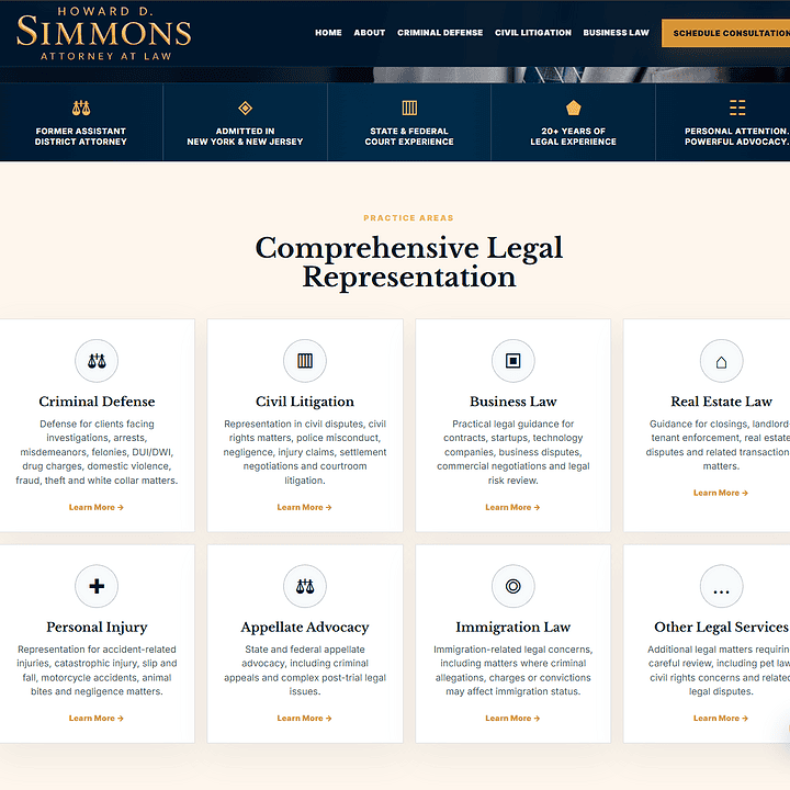 After screenshot of the rebuilt Howard Simmons Law practice areas page