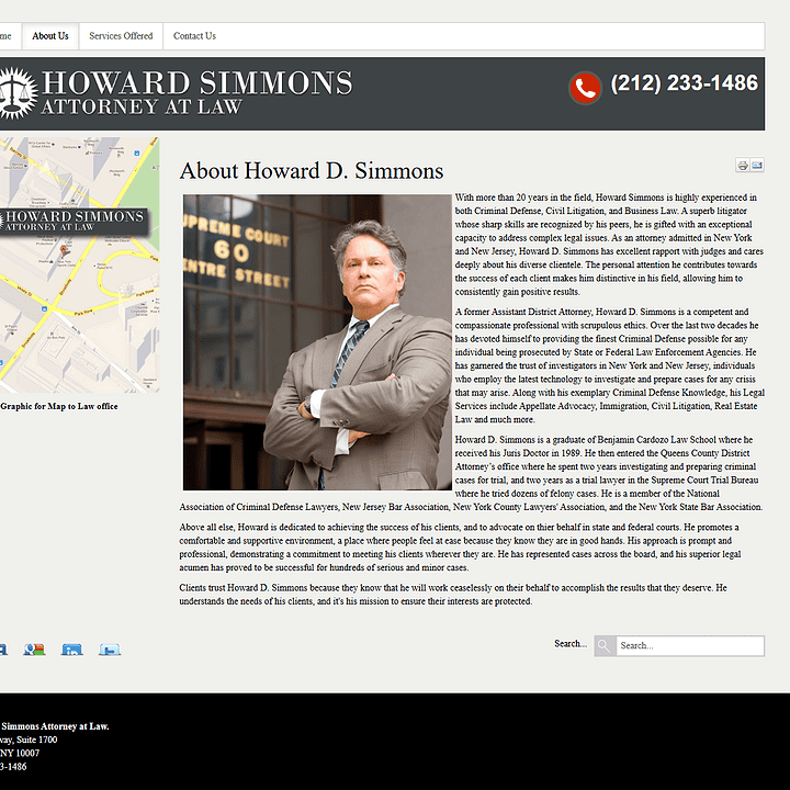 Before screenshot of the old Howard Simmons Law about page with dated layout