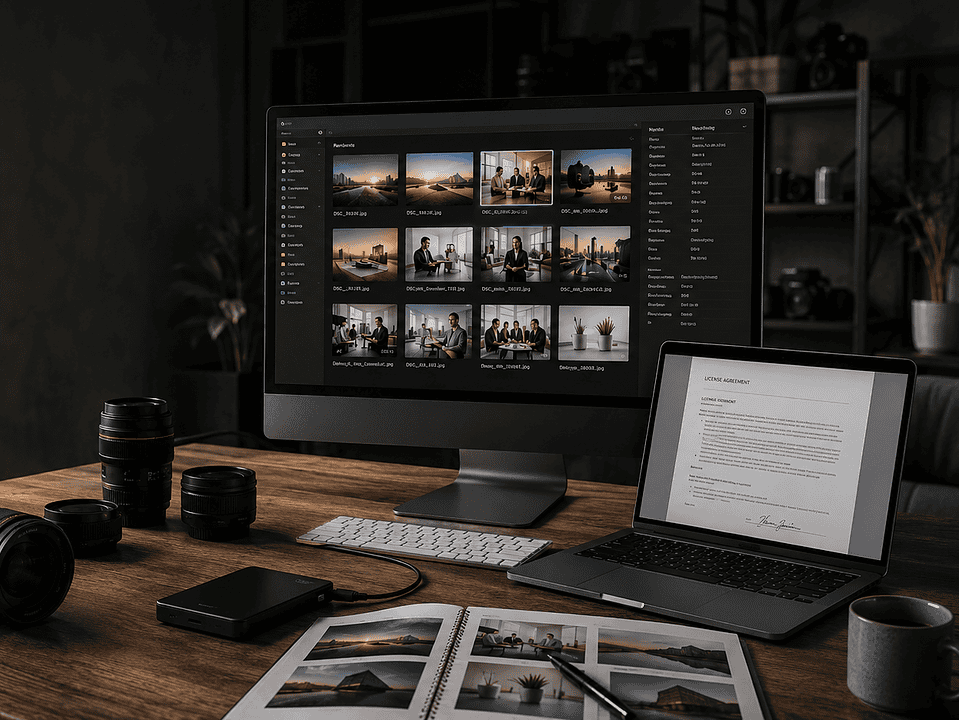 Professional media management workspace with camera equipment, organized image files, licensing documents, and usage rights notes.