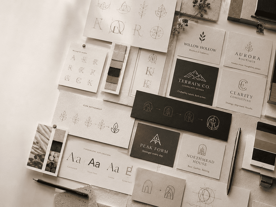 Minimal branding workspace showing logo sketches, typography studies, color swatches, and refined logo and tagline concepts laid out on a design table.