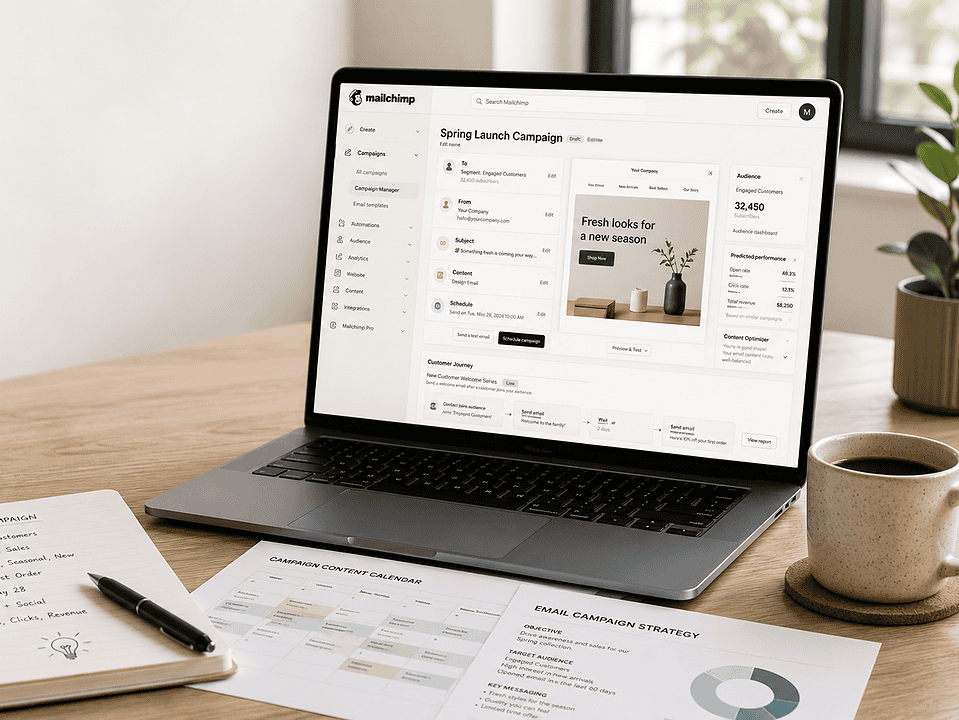 Marketing support workspace with analytics, campaign notes, social media planning, and brand materials on a clean desk.