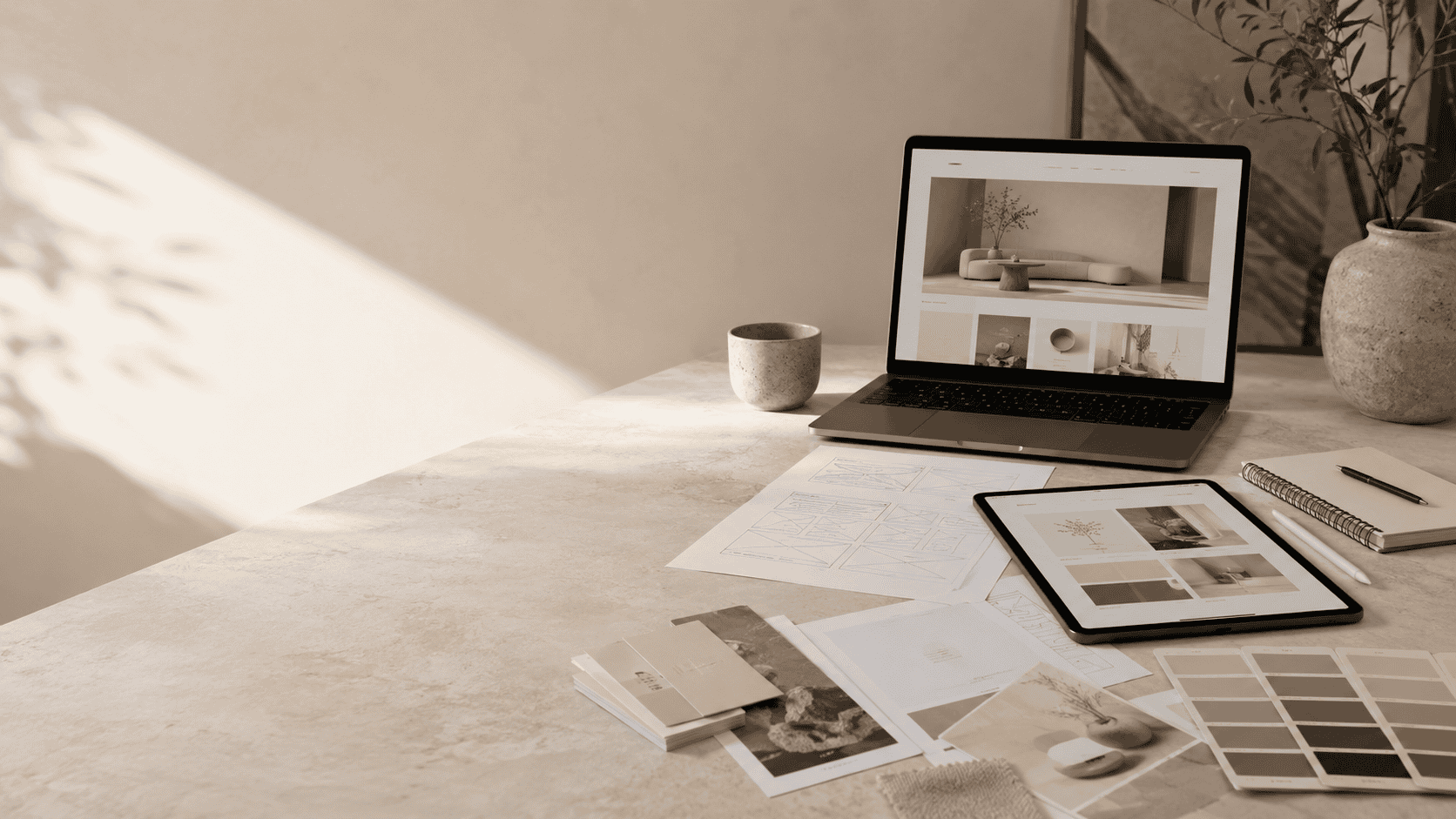 A workspace with a laptop and tablet displaying website designs, surrounded by wireframe sketches, color swatches, notebooks, and branding materials in a soft, natural light setting.