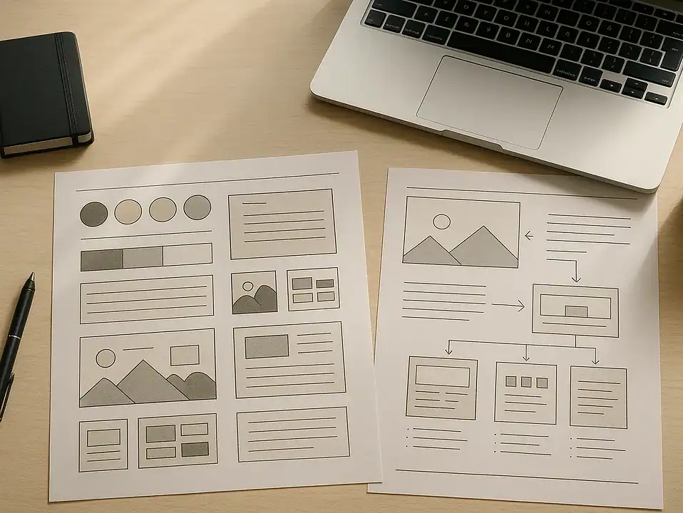Wireframe sketches for website design on a wooden desk with laptop and coffee.