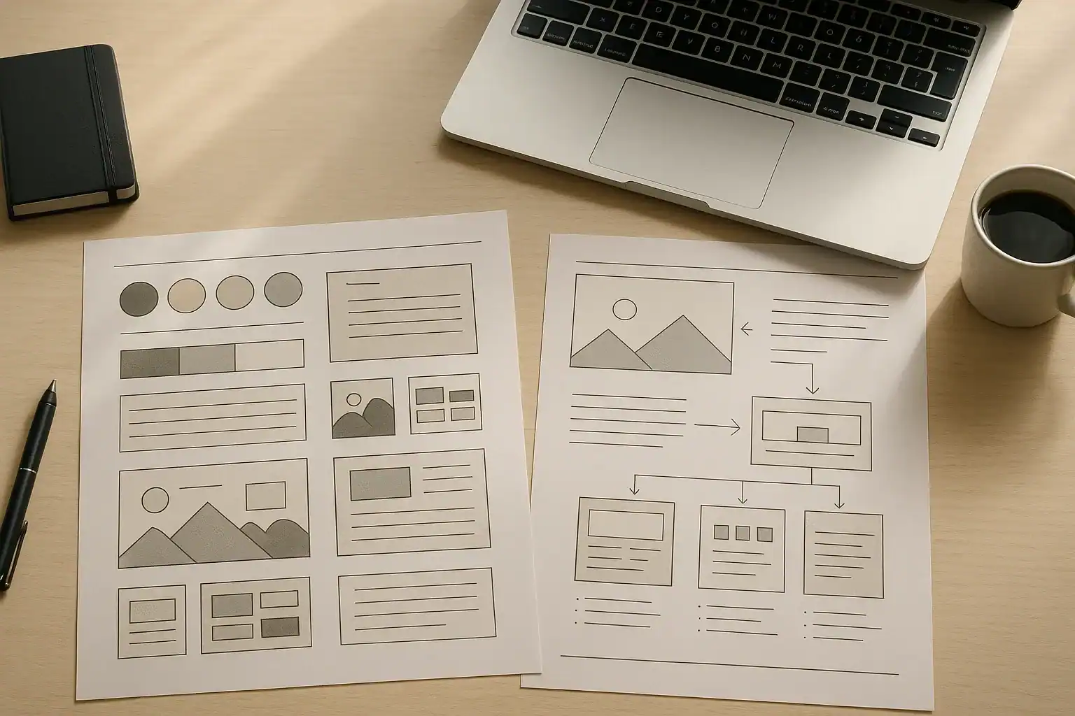 Wireframe sketches for website design on a wooden desk with laptop and coffee.