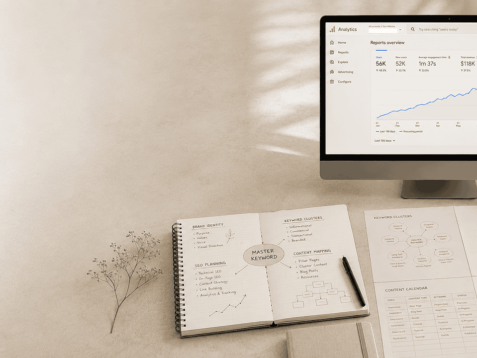 Computer screen showing website analytics growth with SEO planning notes, master keyword strategy, keyword clusters, content mapping, and performance tracking on a desk.