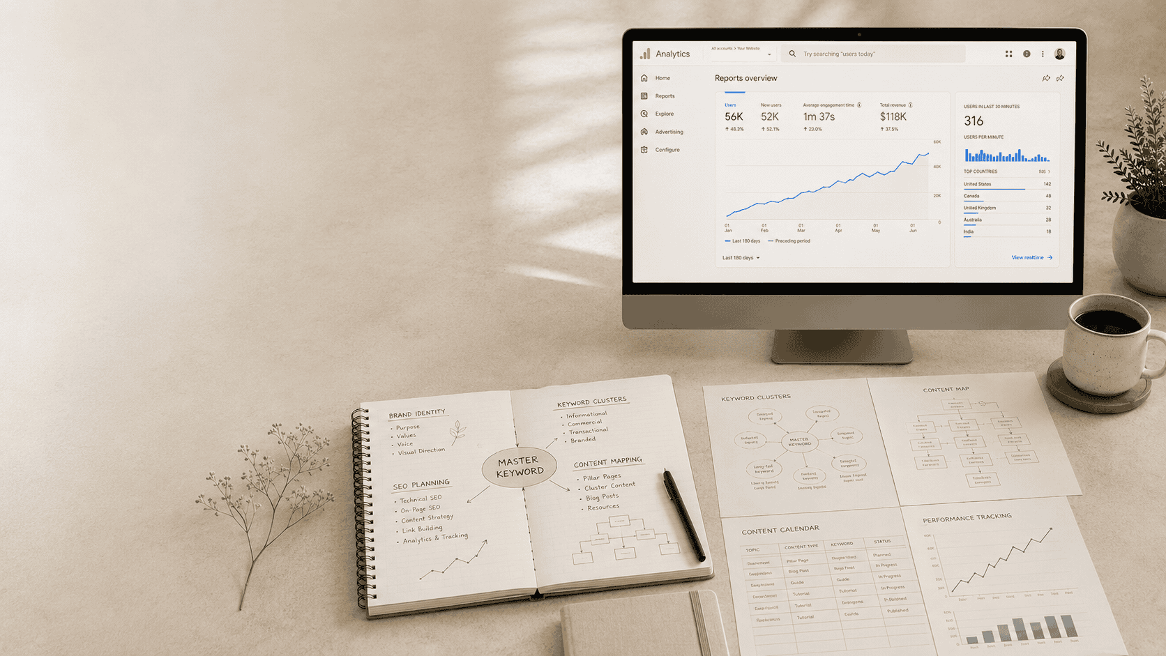Computer screen showing website analytics growth with SEO planning notes, master keyword strategy, keyword clusters, content mapping, and performance tracking on a desk.