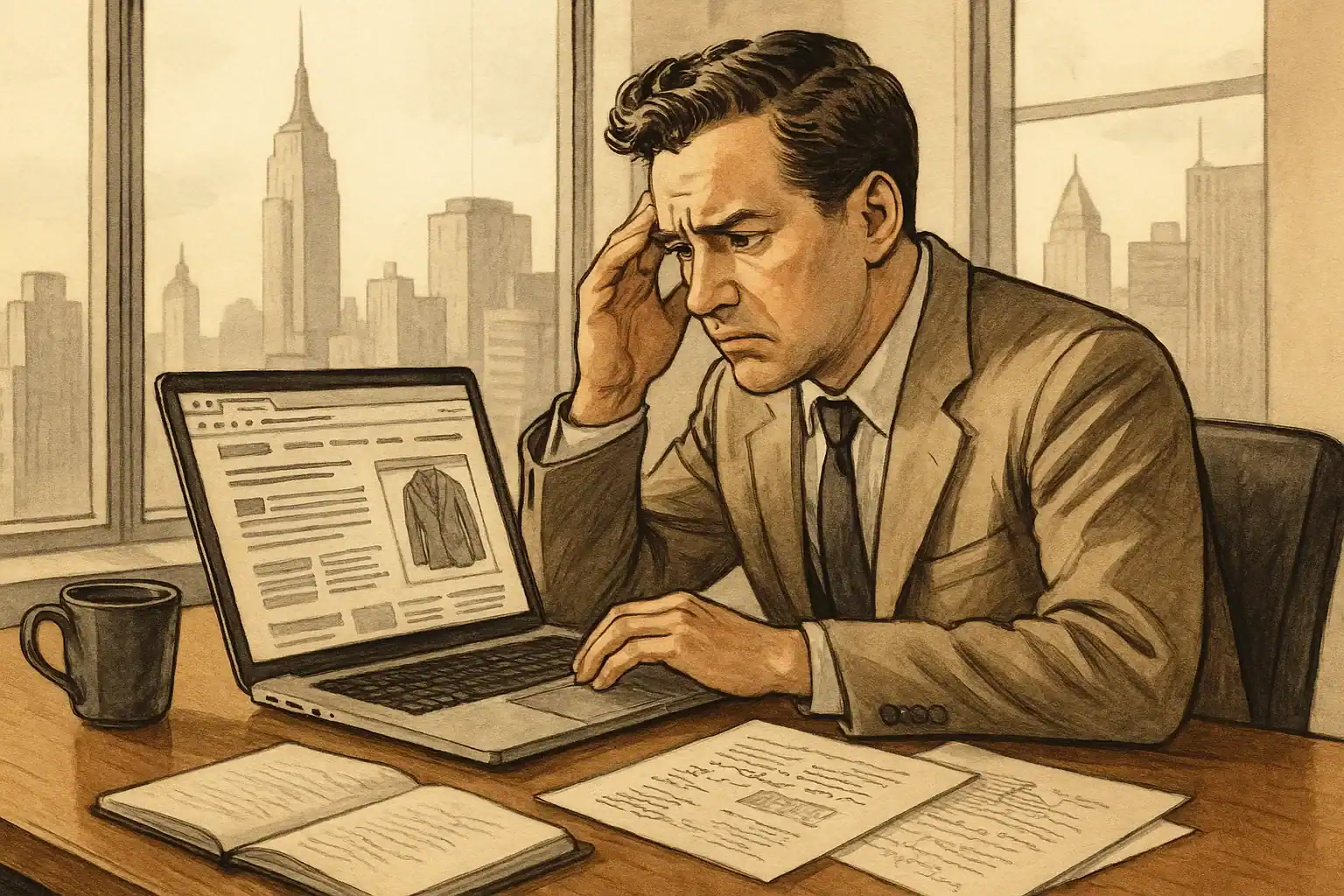 Frustrated businessman working on laptop with documents in office.