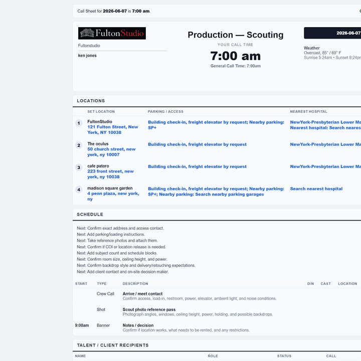call sheet demo for case study