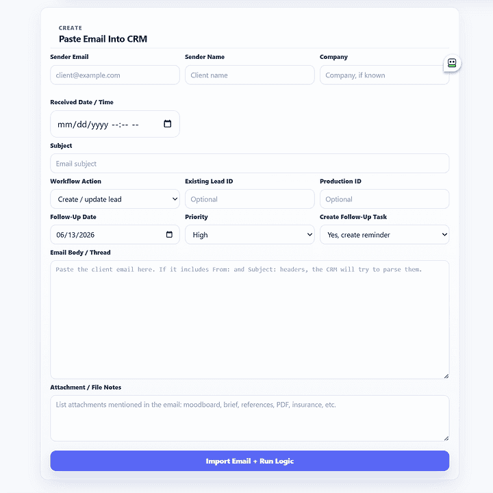 email intake form from the crm