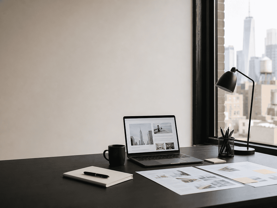 Modern workspace with laptop, notebook, and city view for professional photography and design projec.