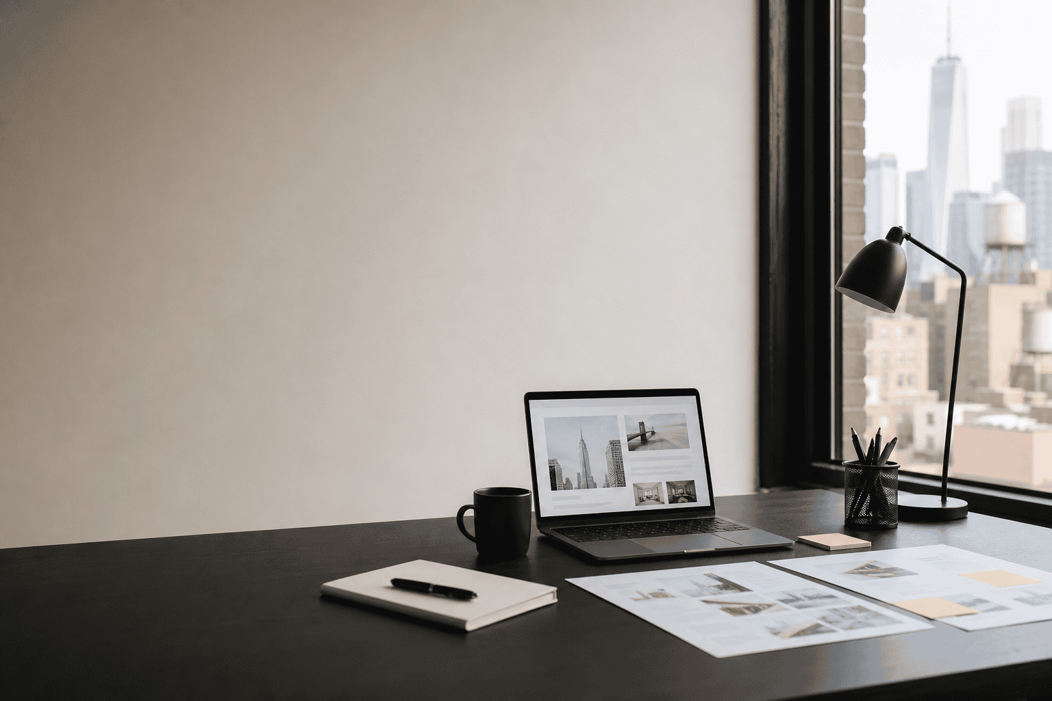 Modern workspace with laptop, notebook, and city view for professional photography and design projec.