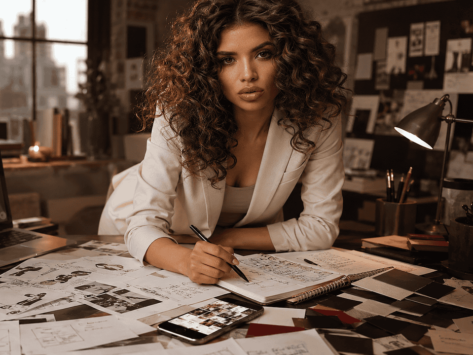 Business owner organizing website content and photos for a new website.