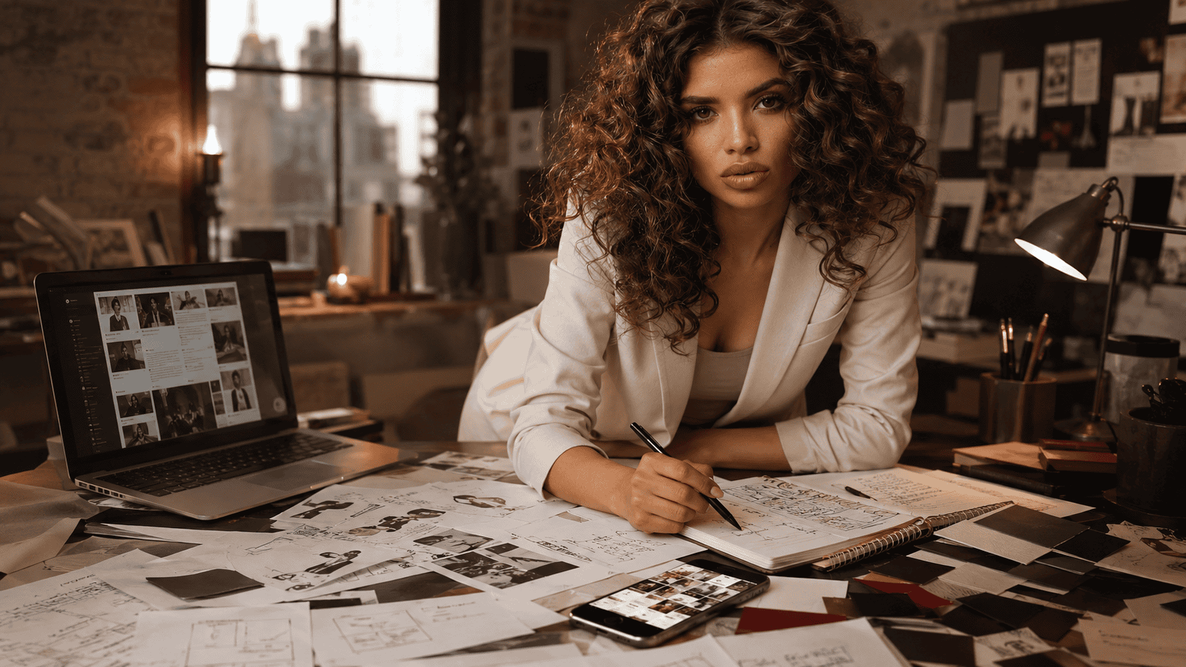 Business owner organizing website content and photos for a new website.