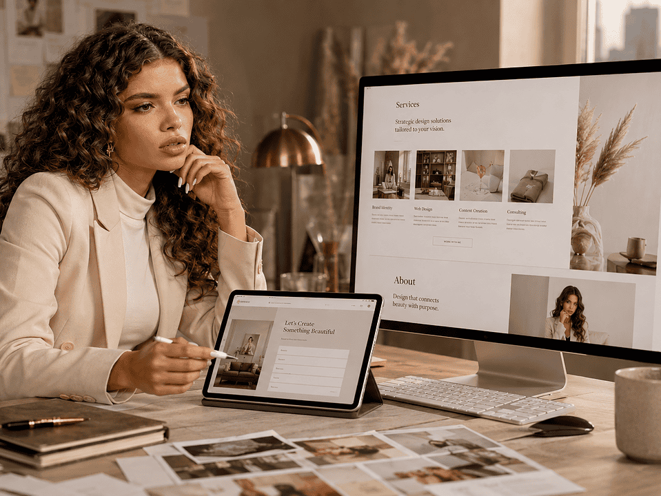 Small business owner gathering content and notes before hiring a web designer.