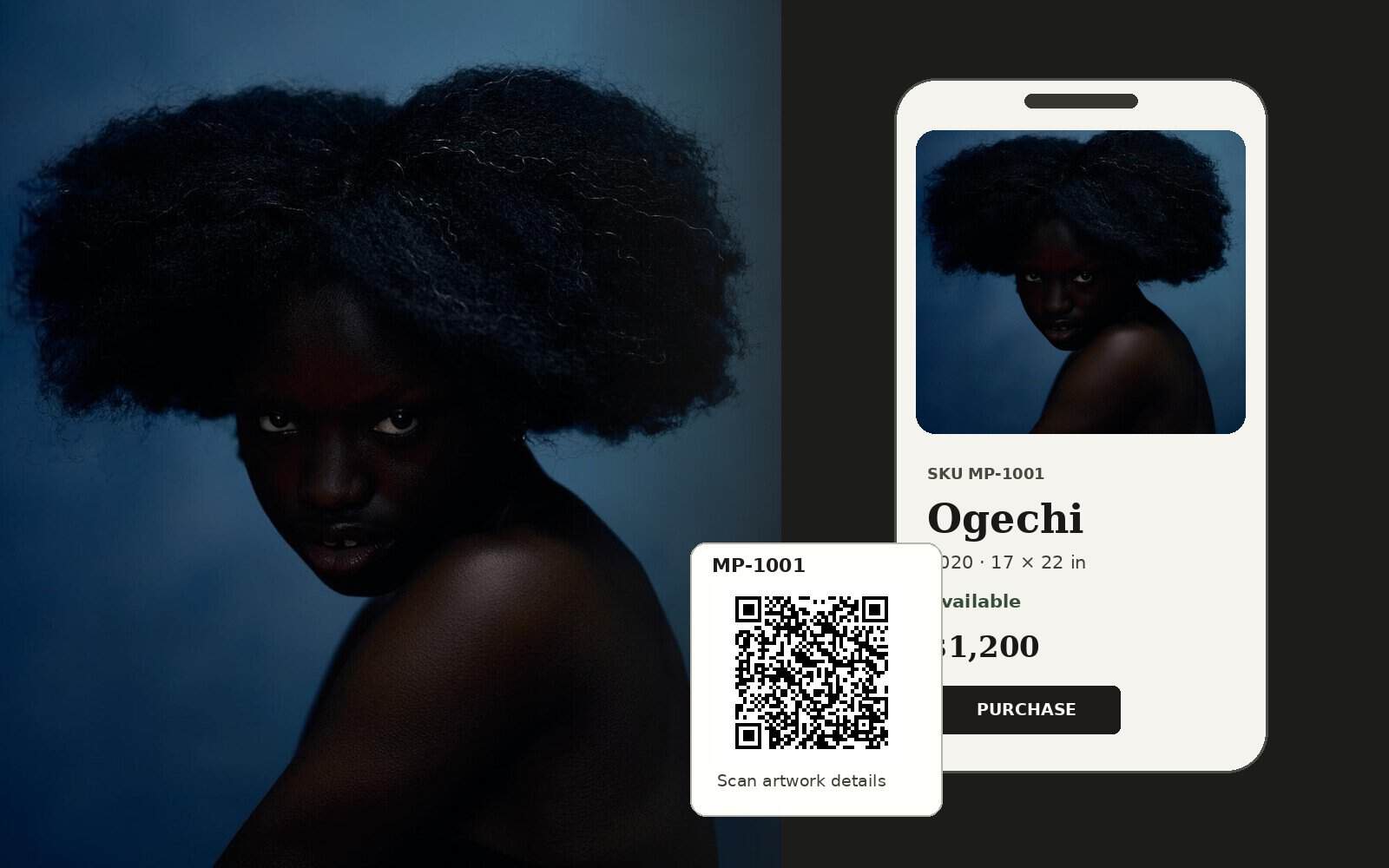Maria Panina exhibition website case study showing artwork, mobile purchase page, SKU, and QR code