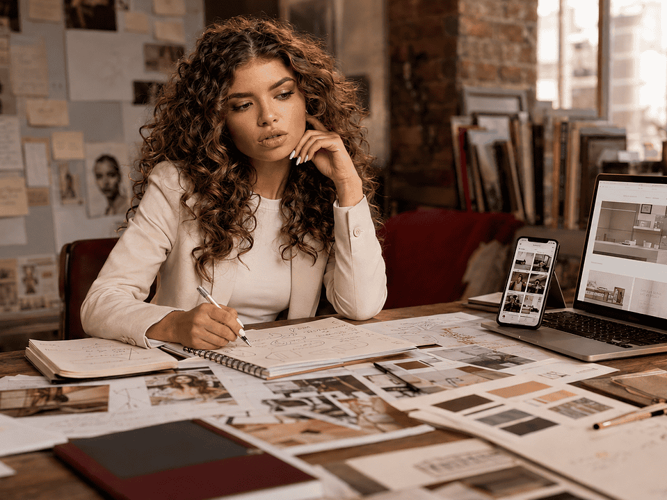 Small business owner reviewing website planning notes and pricing materials at a creative studio desk.