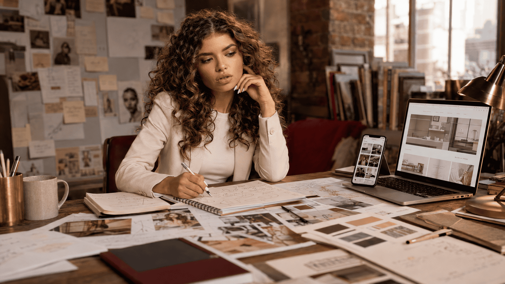 Small business owner reviewing website planning notes and pricing materials at a creative studio desk.